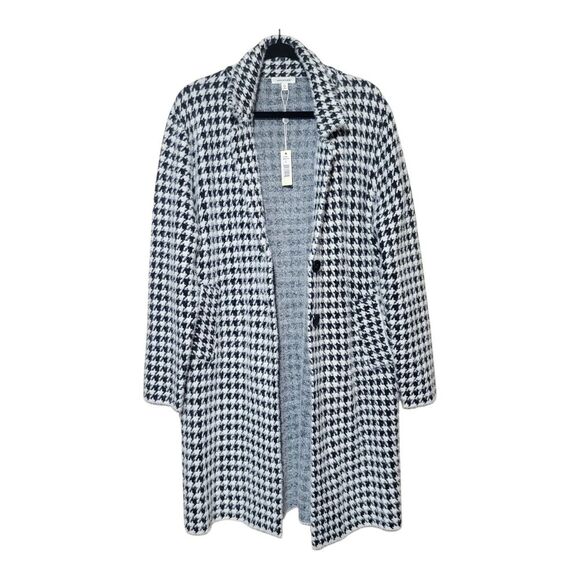 Max Studio Black White L Houndstooth Angora Look Long Coat Super Soft Knit - Picture 8 of 11